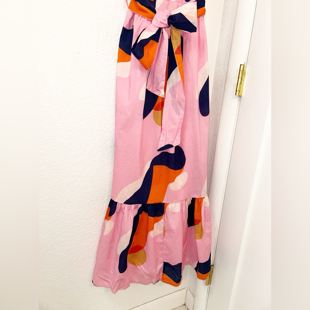 CIEBON The Roma 💯 Cotton Belted Maxi Dress Tie Straps Pink Abstract SZ: Small - Picture 10 of 15